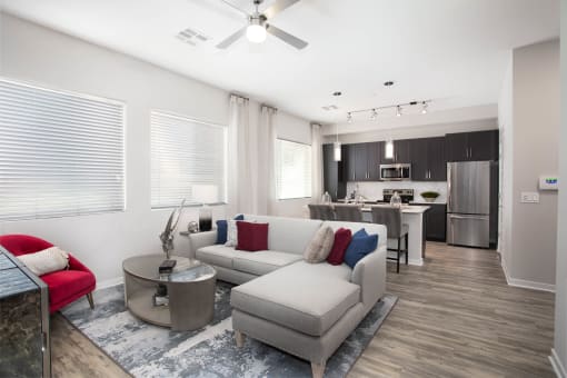 a living room with a couch and a table