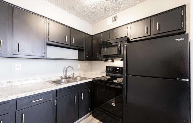 a kitchen with black appliances and black cabinets