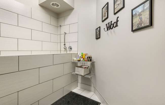 a bathroom with a shower and a sink in it