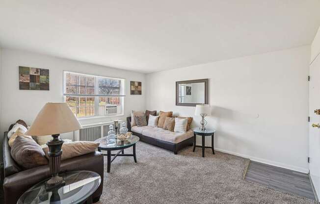 A living room with a couch, a chair, a coffee table, and a lamp.