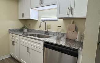 A kitchen with white cabinets and a stainless steel dishwasher.
