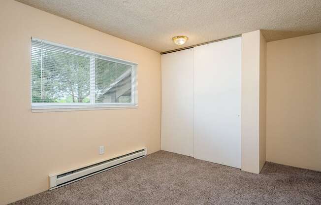 A room with a window and a carpeted floor.
