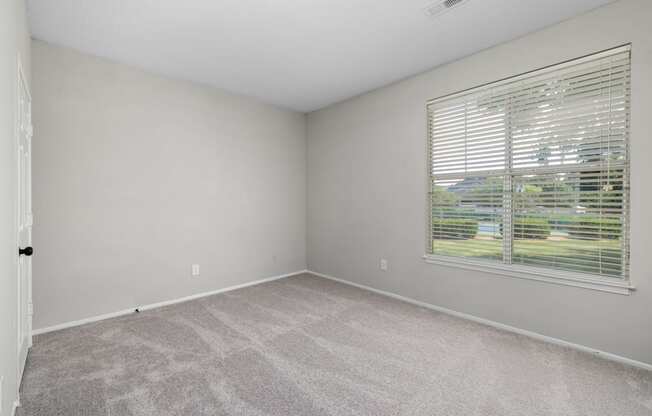 an empty bedroom with a large window and carpeting