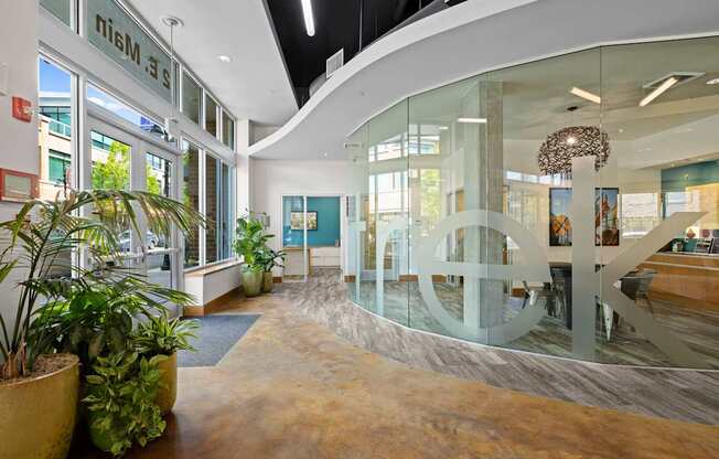 the lobby of a building with a large peace sign in the middle