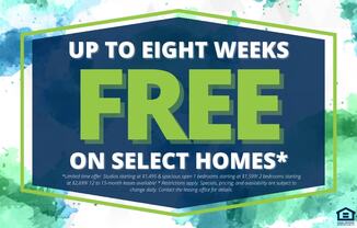 A promotional image advertising free offers on select homes for up to eight weeks.