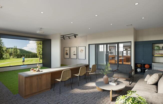 Practice your swing or perfect your shot in the multi-sport simulator lounge at Modera South Shore apartments.