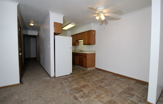 a kitchen with a refrigerator and a sink