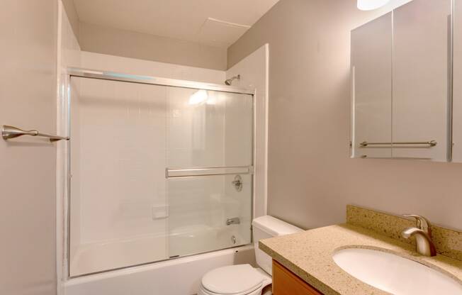 a bathroom with a sink toilet and shower