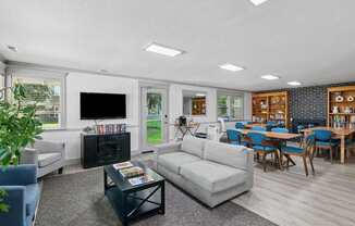 A living room with a grey couch, a black coffee table, and a television.
