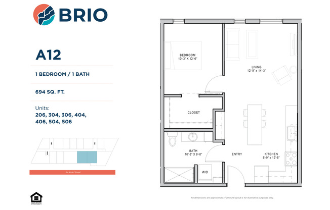 1 bed, 1 bath, 694 sqft, $1,450, Unit 506