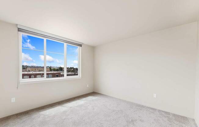 A room with a large window and carpeted floor.
