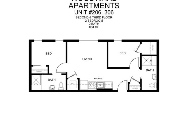 2 beds, 2 baths, 664 sqft, $1,495, Unit 206