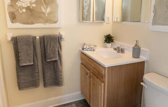A bathroom with a toilet, sink, and mirror.
