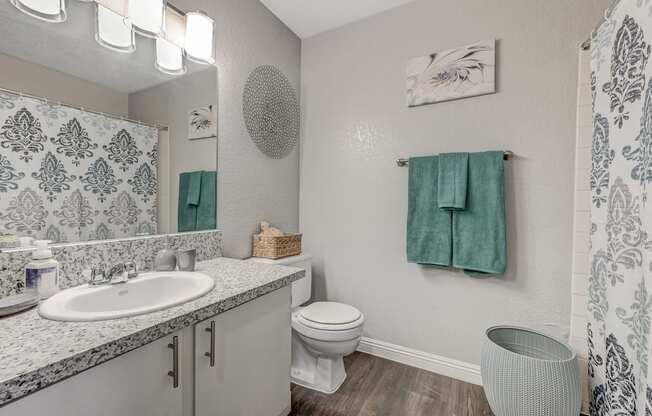 a bathroom with a toilet sink and mirror and a shower at Desert Bay Apartments, Laughlin