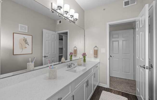 a bathroom with a large mirror and a white counter top