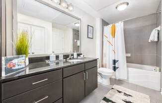 a bathroom with a large mirror and a toilet