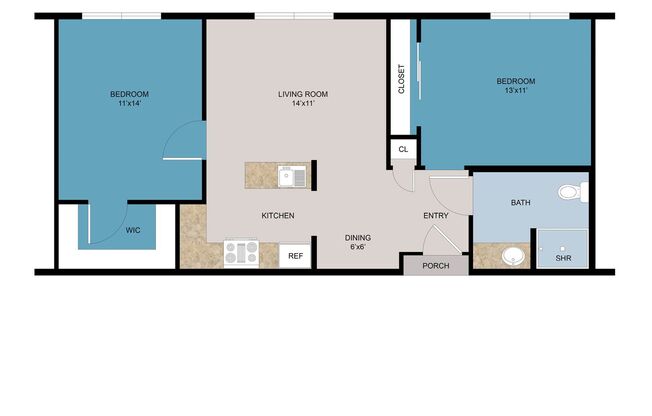 2 beds, 1 bath, 813 sqft, $1,695, Unit 126-122