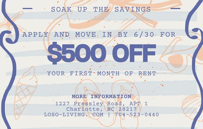 A promotional image offering $500 off for the first month of rent.