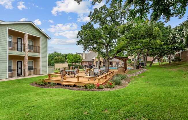 Southgate Glen pavilion with trees and a wooden deck