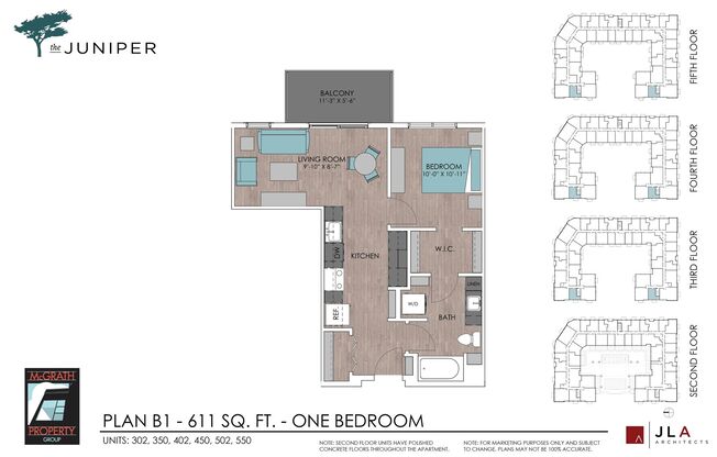 1 bed, 1 bath, 611 sqft, $1,605, Unit 302