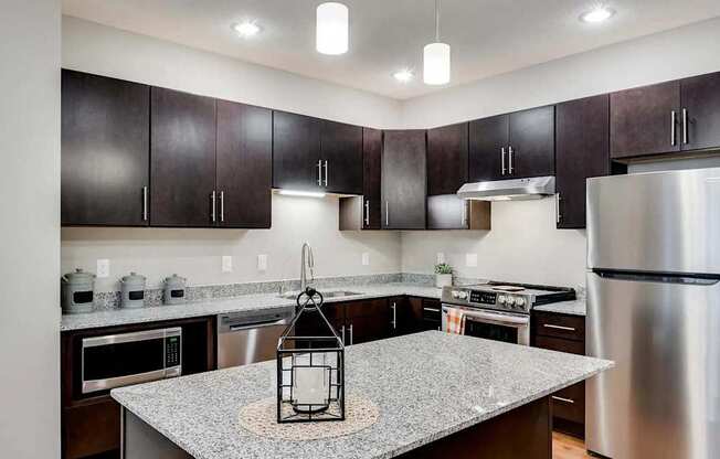 a kitchen with stainless steel appliances and granite counter tops. Circle Pines, MN Lexington Lofts