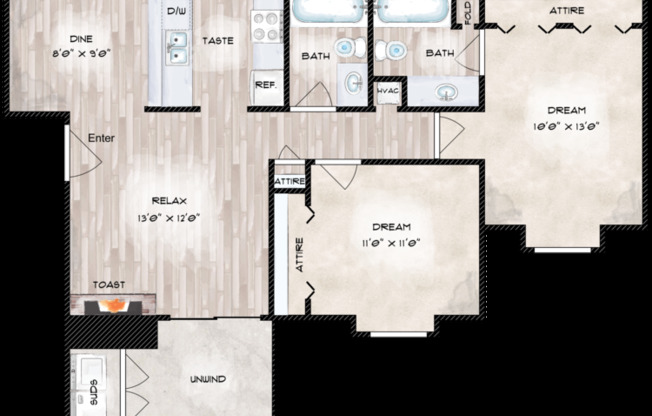 2 beds, 2 baths, 810 sqft, $1,230