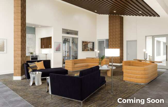 An artist rendering of the future Canyon Terrace Leasing office and lounge  with couches and a tables.  This will be a brand new building on the community.