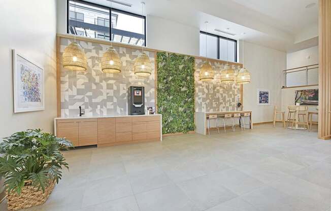 A room with a green plant on the wall and a wooden cabinet.