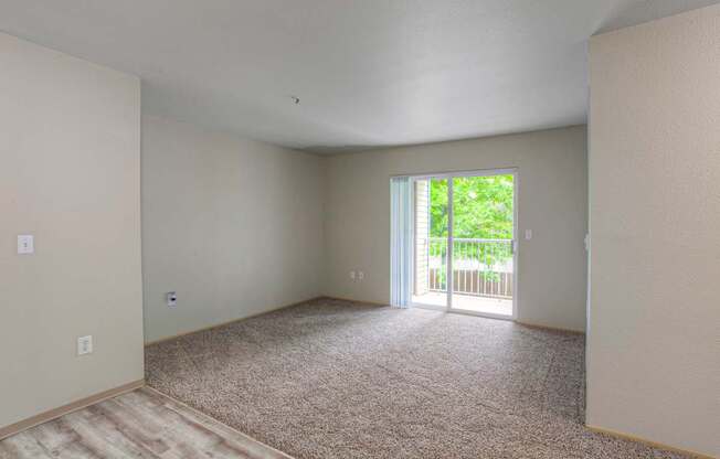 A room with a carpeted floor and a sliding glass door leading to a balcony.