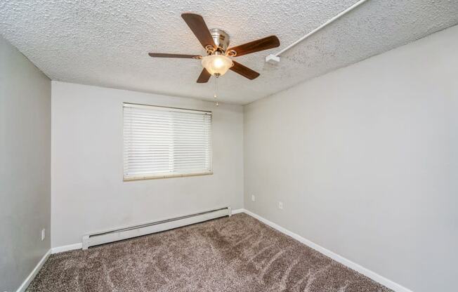 Bedroom with a ceiling fan and plush carpeting