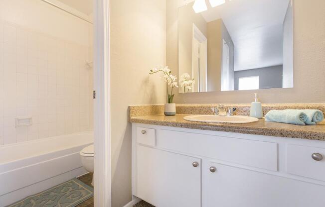 a kitchen with a sink and a mirror