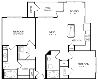 2 beds, 2 baths, 992 sqft, $1,380