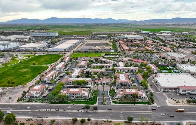 an aerial view of the surrounding city