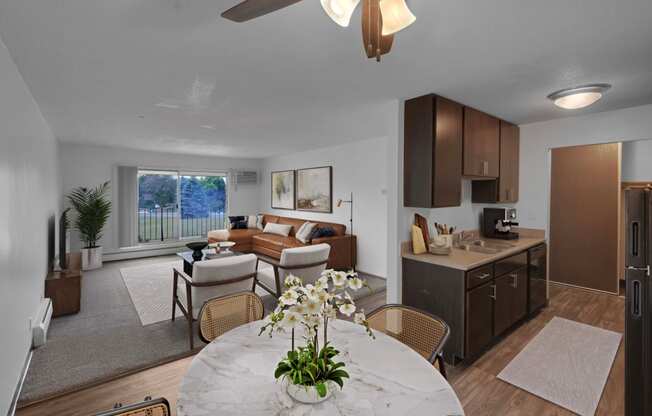 our apartments showcase a beautiful kitchen and living room