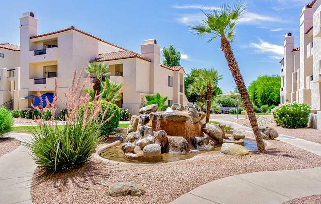 A fountain in the middle of a garden with a palm tree and apartment buildings in the background.