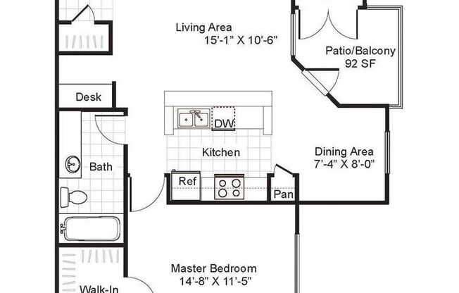 1 bed, 1 bath, 734 sqft, $1,074