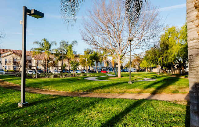 A park with a lamp post and trees.