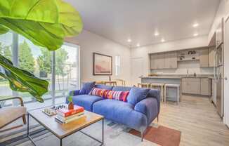 a living room with a blue couch and a coffee table