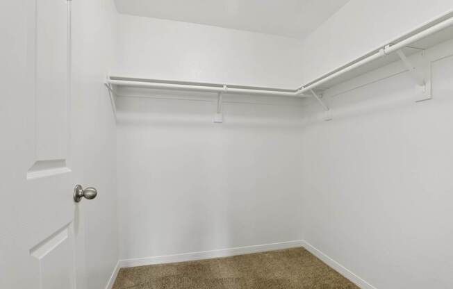 A white door is on the left of a room with a brown carpet.