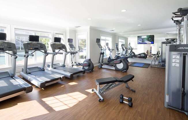 a gym full of cardio equipment and windows