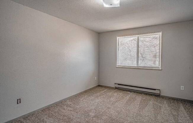 A room with a window and a carpeted floor.
