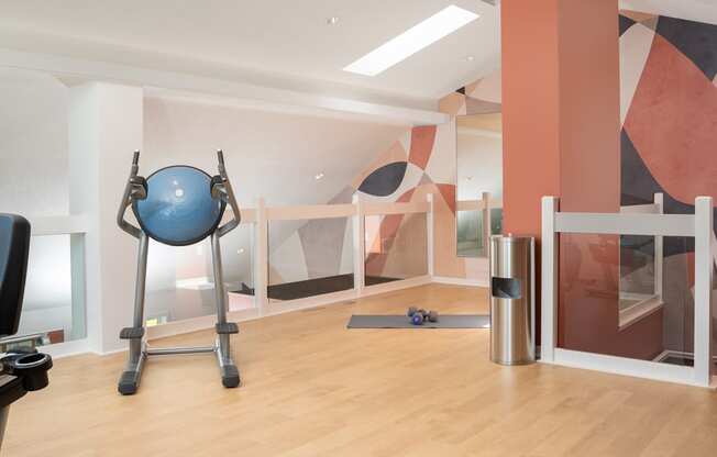 a workout room with a blue exercise ball and a treadmill