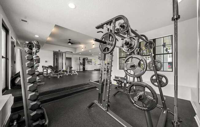 A black and white photo of a home gym with a squat rack and weights.