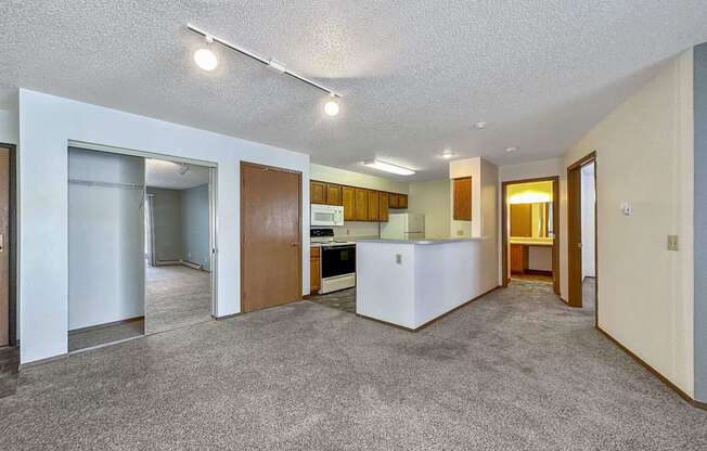 an empty living room and kitchen with a refrigerator and a sink