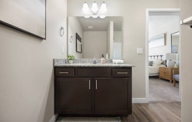 a bathroom with dark cabinets and granite countertops