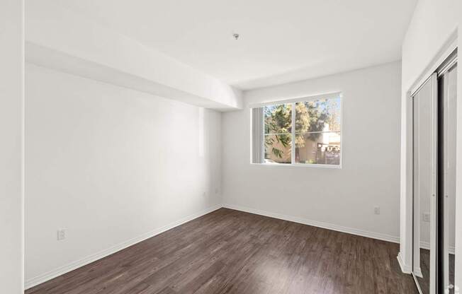A room with a window showing a view of trees and a wooden floor.