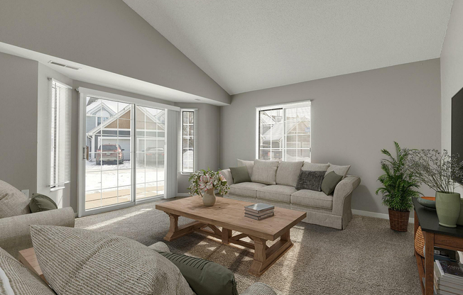 Embrace comfort and style in this beautifully lit living room, perfect for relaxation.