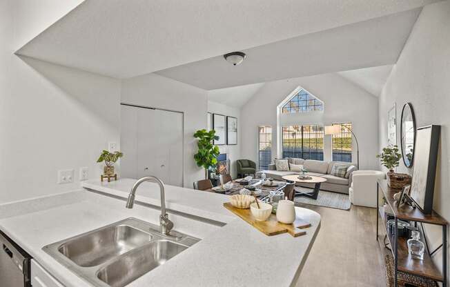 A modern kitchen with a large sink and a countertop.