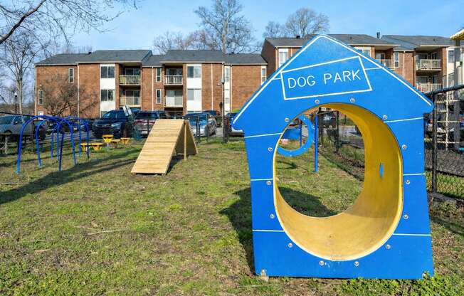 A dog park with a blue play structure and a ramp.