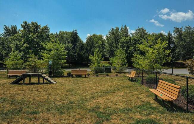 a park with benches and a picnic table